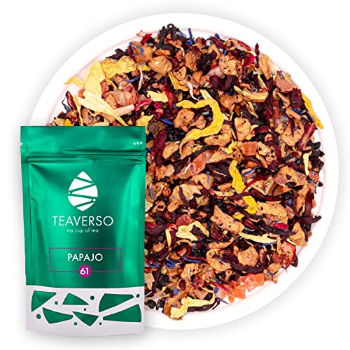 TEAVERSO Papajo Komposition mit Hibiskus, Ananas, Papaya, Apfel und Himbeere, Getrocknet Hibiskusblütentee, Hibiscus Flowers, Früchtetee, Hibiskusblüten Tee lose, Aromabeutel mit Zippverschluss, 100g… Cover