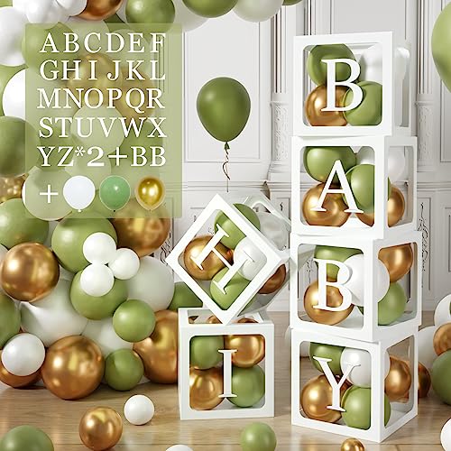 105 Caixas de decoração Baby Shower, 6 caixas balões verde sálvia Baby Shower com letras (BABY A-Z), 45 balões de ouro branco verde salva, caixas de bebé para Baby Shower, aniversário, decoração de