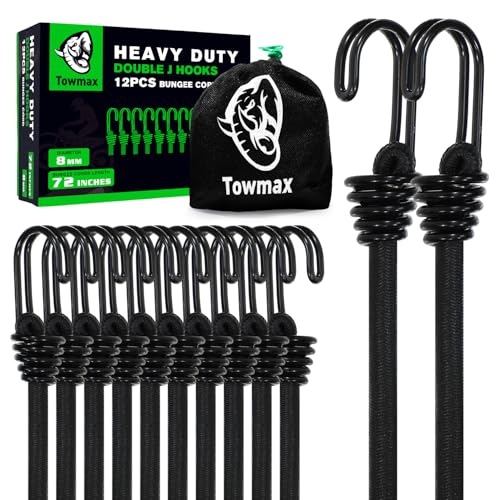 6 ft Extra Long Bungee Cord with Hooks, Large Black Bungee Straps Heavy Duty Outdoor, 72inch Industrial Grade Bungie Cord for Camping, Kayaking or Fastening Items 12 Pcs (Black) by Towmax - Used condition - US$12.37