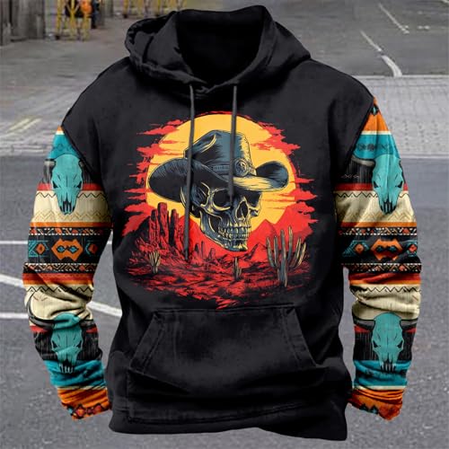 Image of domirica Hoodies For Men Western Cowboy Pullover Big And Tall Comfort Fashion Cool Novelty Graphic Hooded Sweatshirt