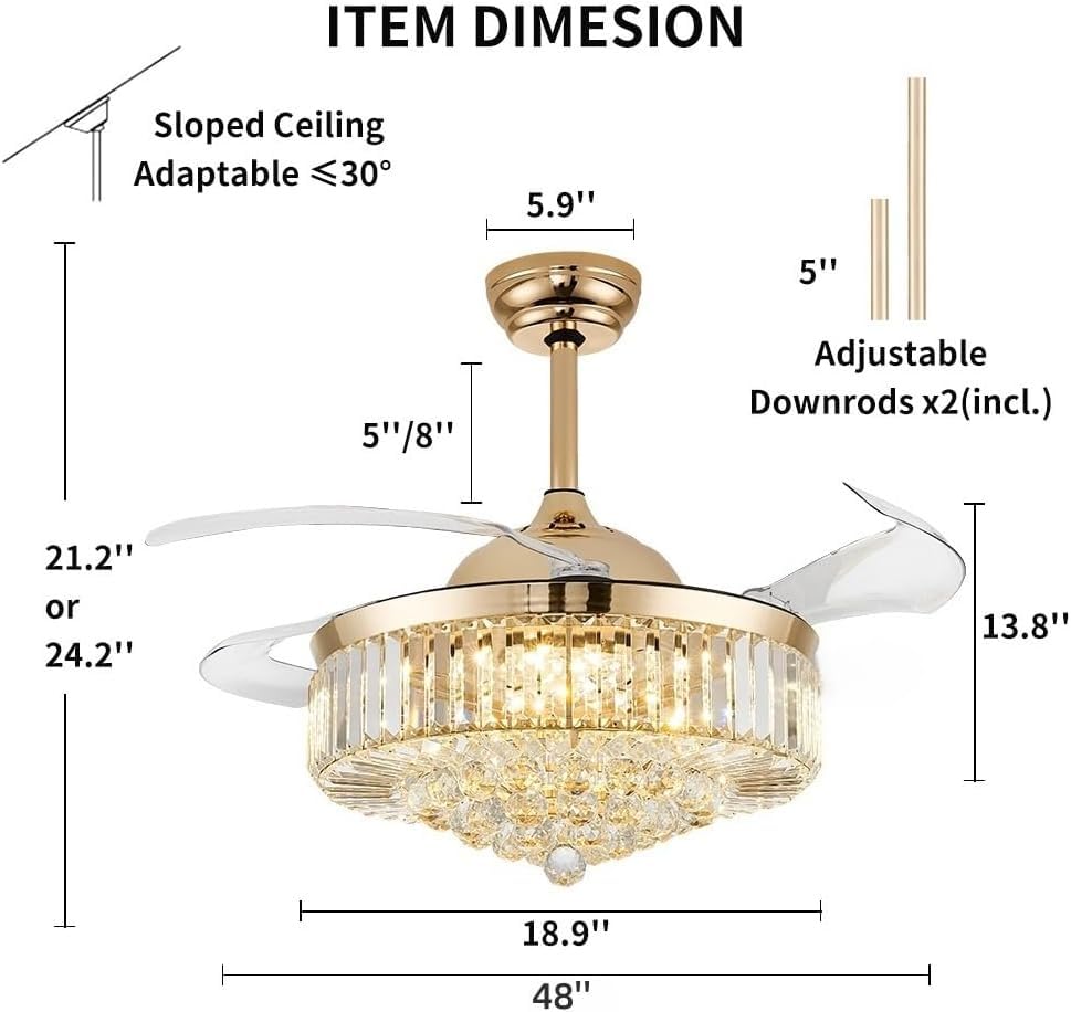 Image of 48'' Crystal Fandelier Ceiling Fan with Light, Gold
