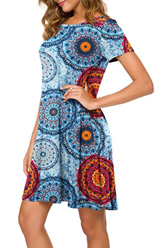 Popyoung Women's 2023 Summer Casual T-Shirt Dress Short Sleeves Swing Boho Beach Cover Up X-Large, Floral Mixed Blue #TOP1