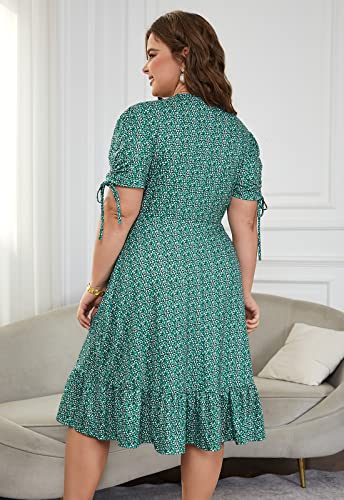 Image of Keluummi Plus Size Summer Wedding Guest Midi Dresses for Curvy Women, Floral V Neck Party Sundress