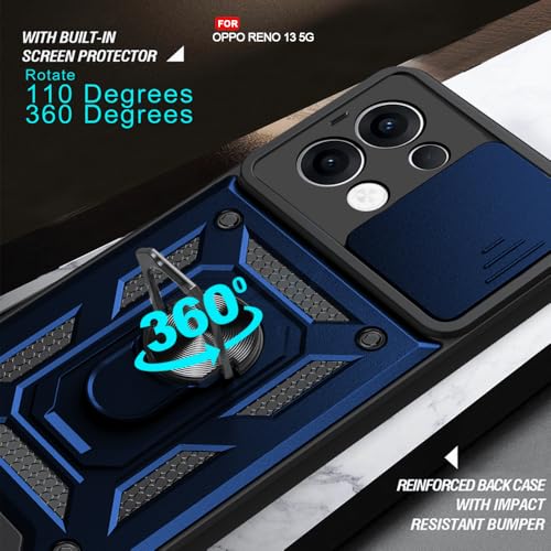 Image of AESTMO Tough Armor Oppo Reno13 5G Bumper Back Case Cover | Ring Holder & Sliding Camera Cover | 360 Degree Protection Back Case Cover for Oppo Reno13 5G (Blue)