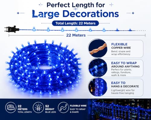Image of Quace 72 Feet Blue LED Fairy String Lights with 52 LEDs | Flexible Wire Waterproof Decorative Lights for Diwali, Christmas, Wedding, Bedroom, Balcony, Party & Home Decor (1 Pack)