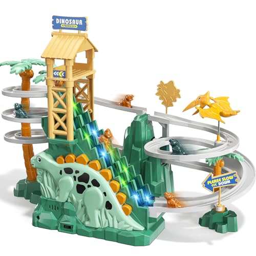 JUKUDAHU Dinosaur Climbing Slide Stair Toy for Toddlers Aged 3 4 5 6 7 8 - Racing Track Game Set Sliding Car Toy Dinosaur Themed with Light and Music Birthday Dinosaur Gifts for Boys Girls Kids