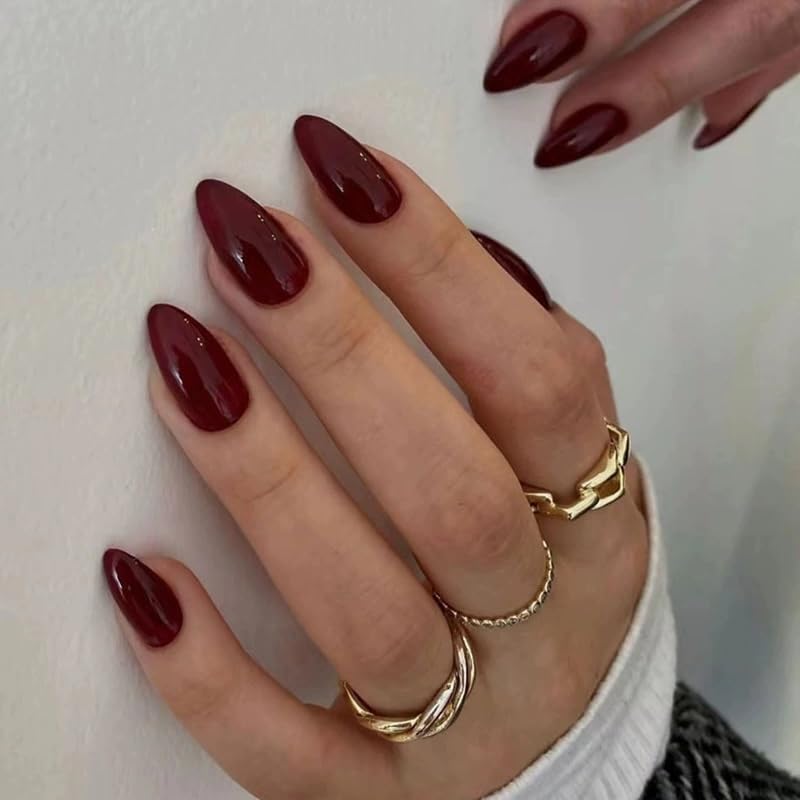 SPROUTLYN Luxury Cherry Red Press-On Nails Medium Almond - Elegant Burgundy Fake Nails - Chic Wine Red Press-On Nails Almond Shape Easy to Apply Glossy Finish & Durable - 24 PCs