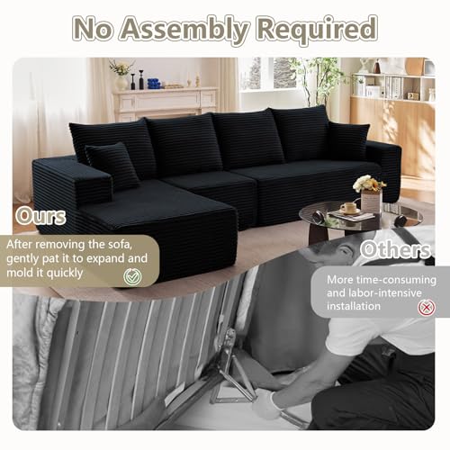 Image of 135 inch Modular Sectional Couches for Living Room, Comfy Boneless L Shaped Cloud Couch with Chaise Lounge, Modern Cozy Corduroy Deep Seat Floor Sofa, Memory Foam, No Assembly Required, Black