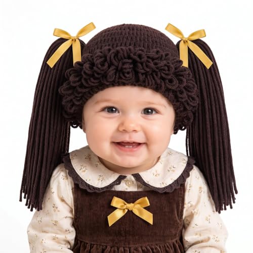 Halloween Cabbage Costume Yarn Wig, Dark Brown 3, Straight Pigtails