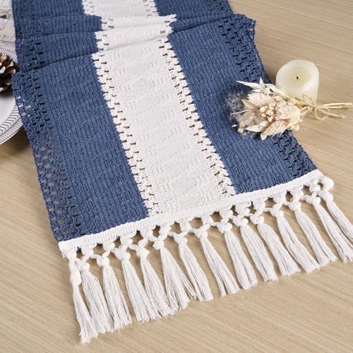 FEXIA Blue Table Runner for Home Decor with Tassels 72 Inches Long Farmhouse Rustic Navy Macrame Burlap Table Decoration for Living Room Bridal Shower (12x72 Inches)