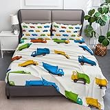 90 x 200 cm Spannbettlaken Set Creme, Cartoon-Spielzeug-Müllwagen Mikrofaser Bettwäsche, Weiches Spannleintuch 2 Kissenbezüge, Pflegeleichtes Bettwäsche Set für Boxspringbett und Topper