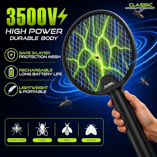 Image of Mosquito Killer Racket, Mosquito Bat Electric with UV Light | 3500V Fly Swatter, 1200mAh Rechargeable Battery, 2-in-1 Mosquito Killer Lamp for Home, Foldable Body, Black