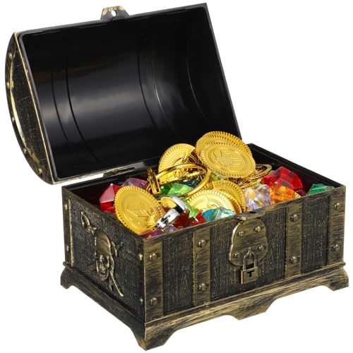 STOBOK - STOBOK 205PCS Kids Treasure Box Pirate Chest Organizer with Gold Coins Gemstone Earring Rings for Boys Girls Party Favor Pirate Costume Props - -10%