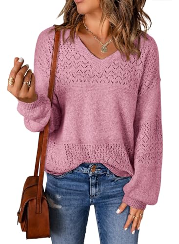 Image of SHEWIN Women's Sweaters Casual Long Sleeve V Neck Crewneck Lightweight Crochet Pullover Sweater Tops