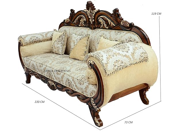 Image of Luxury Antique Sofa Set in a Classic Living Room Setting Solid Teak Wooden Five Seater Sofa Set with Cushion for Living Room | Honey Brown Finish | 208D x 76W x 119H cm (Design13)