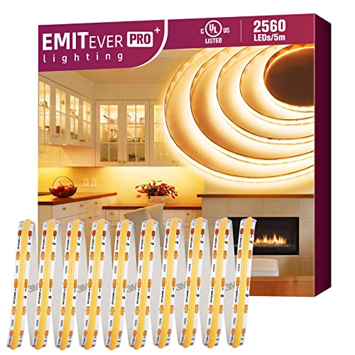 EMITEVER COB LED Strip Lights Warm White, 2700K Tape Light Premium High Density, DC 24V, 360+Lumens/ft, 2560LEDs/Spool, Ra 90+, 16.4ft/5m, UL Listed 5 Year Warranty (Power Supply Sold Separately) EMITEVER COB LED Strip Lights Warm White, 2700K Tape Light Premium High Density, DC 24V, 360+Lumens/ft, 2560LEDs/Spool, Ra 90+, 16.4ft/5m, UL Listed 5 Year Warranty (Power Supply Sold Separately)