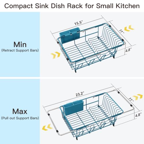 Image of JASIWAY Blue Dish Drying Rack in Sink, Dish Drainer with Utensil Holder