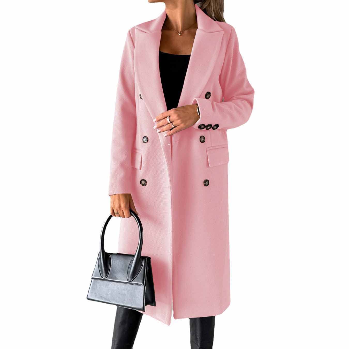 CARGIS Long-sleeved wool coat with double-breasted buttons,Women's Double Breasted Long Trench Coat Windproof Classic Lapel Slim Overcoat (pink,XXXL)