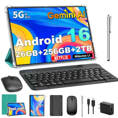 Image of Gemini AI Android 16 Tablet with Keyboard, 2026 10 inch Tablet (Green) | 26GB+256GB+2TB Expand, Electronic Tablet PC with 8-Core, 5G WiFi, 8000mAh, GPS, GMS, 2 in1 Tablet with Case, Mouse, Stylus