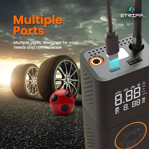 Image of STRIFF EZ air tyre Inflator with 150 PSI Pressure, 4000 mAh Battery PowerBank,Tyre Inflator Digital Display, Pressure Detection, 5 Air Fill Modes Tyre Pump Compressor for Cars, Bikes, Bicycles & Balls