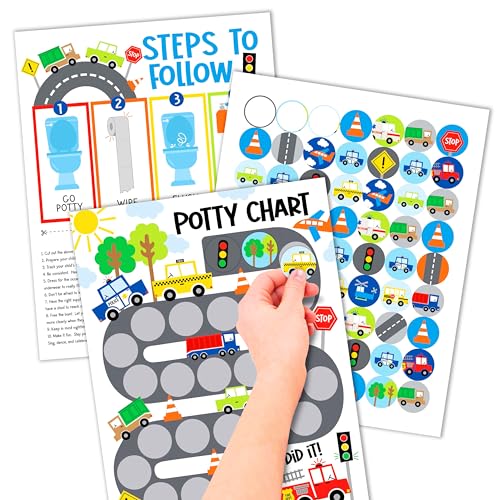 Image of Hadley Designs Potty Training Chart for Toddlers Boys -10 Sticker Potty Chart for Toddlers Boys, 8.5x11 inch Potty Training Sticker Charts for Toilet Success, Cars Toddler Reward Chart for Kids