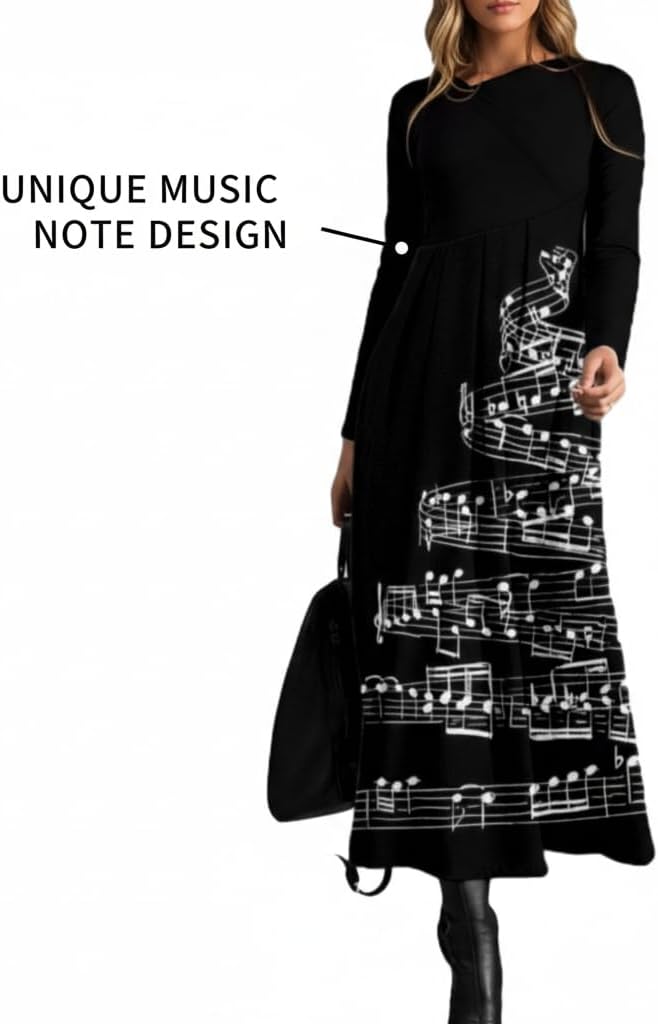 Women's Long Sleeve Maxi Dress with Floral, Plaid, Musical Note & Ethnic Prints, Loose Fit Flowy Casual Long Dress for Women - Image 4