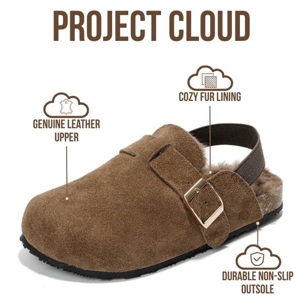 Image of Project Cloud Kids Clogs 100% Genuine Leather with Natural Cork Footbed & Memory Foam Insole Arch Support - Non-Slip Clogs for Kids - Slippers Sandals for Boys & Girls Footwear