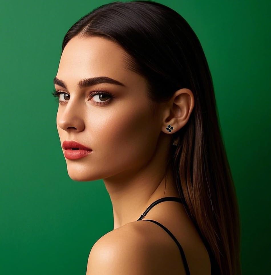 Reffeer Solid 925 Sterling Silver CZ Four Leaves Clover Earrings Studs for Women Teen Girls Heart Cut Black Clover Studs Earrings Leaf - Image 2