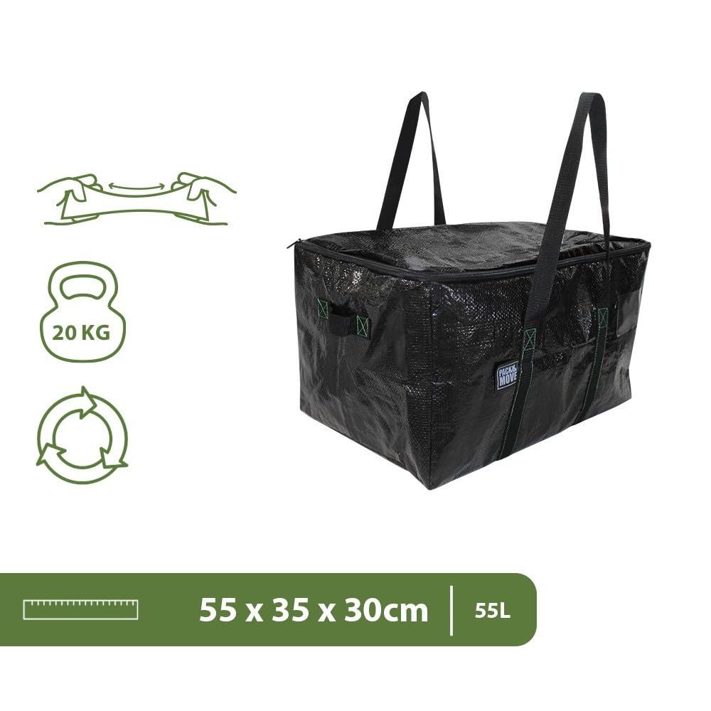 Pack and Move - Zestaw 10 worków do przechowywania, 55 x 35 x 30 cm, solidne uchwyty, do przeprowadzki i transportu, bardzo wytrzymałe, wielokrotnego użytku, 55 l