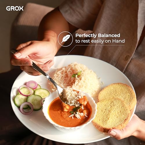 Image of GROX Curve Large Spoon - Set of 6 | Silver | 20 cm | 304 Stainless Steel 18 /8 | Daily Dining Spoon