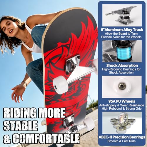Image of Skateboards for Beginners Adults Youths Teens Kids Girls Boys 31 Inch Pro Complete Skate Boards 7 Layer Canadian Maple Double Kick Concave Longboards