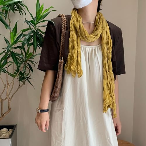 Vintage Soft Crinkle Linen Scarves Long Lightweight Stripe Scarf Shawl Wrap (Yellow)2