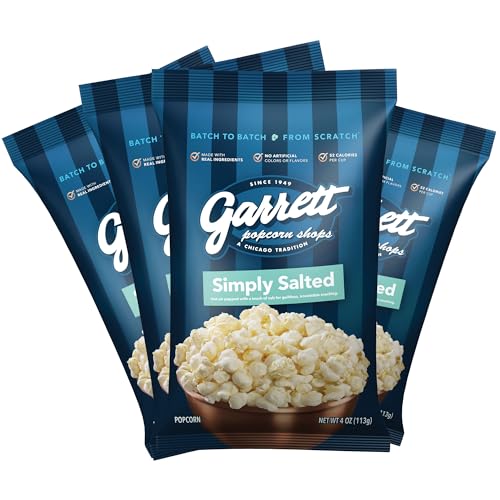 Garrett Popcorn Simply Salted, 4.0oz, 4 Bags, Light Salty Snack,