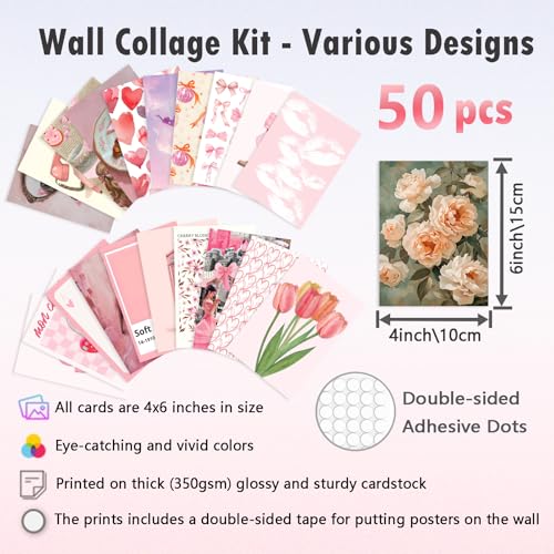 ASTRDECOR Pink Coquette Room Decor Aesthetic Pictures 50 PCS - Coquette Wall Art Prints 4"x6", Trendy Cute Home Decor, Wall Collage Kit For Teen Girls Dorm Bedroom, Vintage Pink Bow Posters