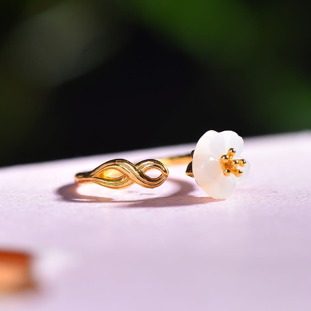 S925 Silver-Inlaid Natural White Jade Flower Ring Opening Adjustable Including Certificate