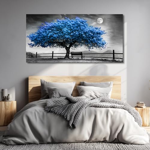 FUHAIHUA Large Wall Decor For Living Room Canvas Wall Art For Office Modern Wall Decorations For Bedroom Black And White Landscape Painting Blue Tree Pictures Artwork Room Home Decor 24x48 In