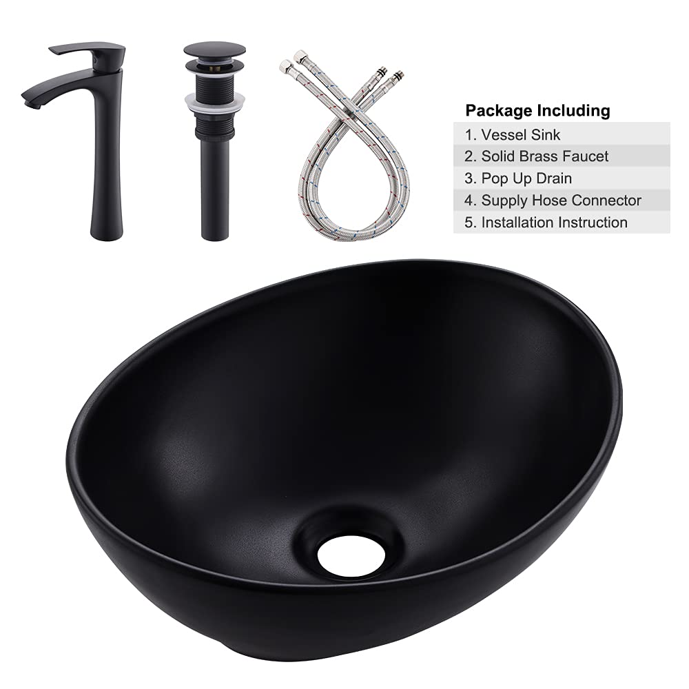 Fregadero de recipiente negro mate de 16 x 13 con grifo y drenaje combinado, fregadero de baño ovalado de porcelana sobre el mostrador 7