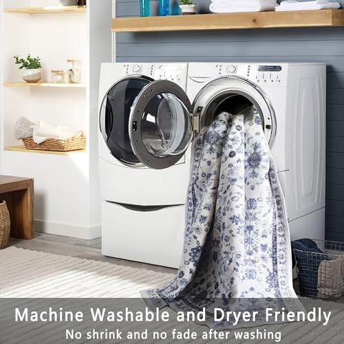 vivorug Runner Rug 2x10 Machine Washable Rug with Non-Slip Backing, Ideal for Kitchen Hallway Entryway Laundry Room - Vintage, Durable, Easy Clean, Low Pile Carpet Runner, Ivory/Blue