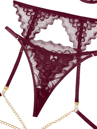 Image of Lilosy Sexy Choker Floral Lace Scallop Sheer Underwire Push Up Garter Belt Lingerie Set 3 Piece