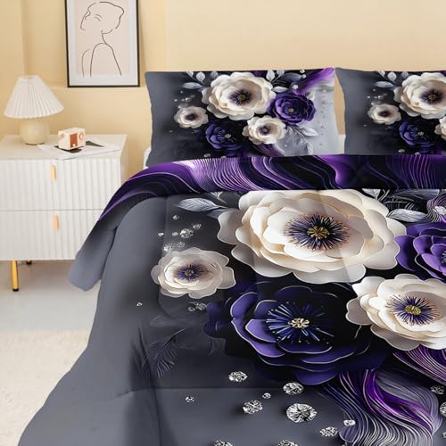 Image of QOOMO Purple Flowers Kids Bedding Set,Cartoon Plants Comforter Set Full Size for Boys Girls Teen Room Decorat,Soft Lightweight Bed Set All Season,1 Comforter 2 Pillowcases