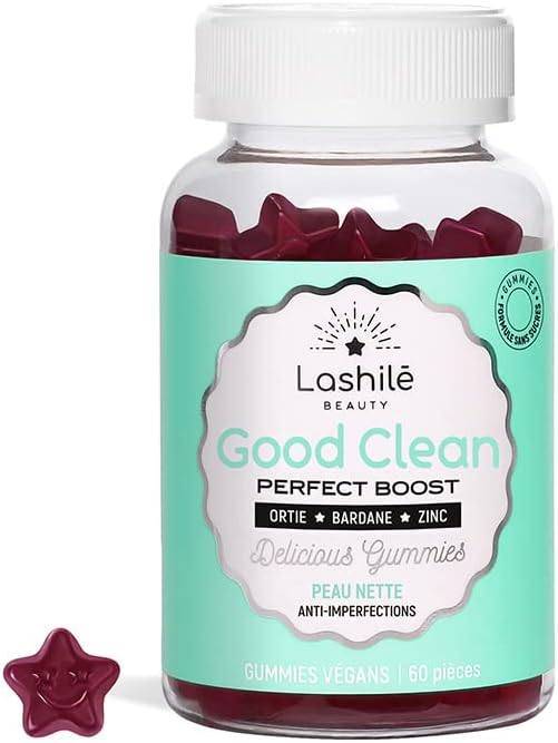 LASHILÉ BEAUTY - Compléments Alimentaires - Anti Imperfection Visage - Good Clean Sans Sucres - Cure 1 mois - 60 Gummies - Fabrication Française - Zinc, Ortie, Bardane