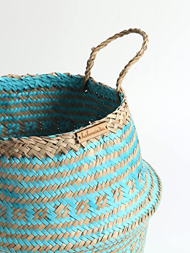 Image of Habere India-All The Cultures Fabricating India Wicker Basket For Plants | Seagrass Baskets Home Decor | Bamboo Storage Organiser | Bamboo Planter Baskets Cylindrical (L) - Blue (Dia 35 x H35 cm)