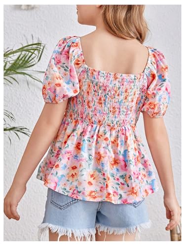 SweatyRocks Girl's Floral Print Cute Peplum Top Puff Sleeve Smocked Ruffle Shirts2