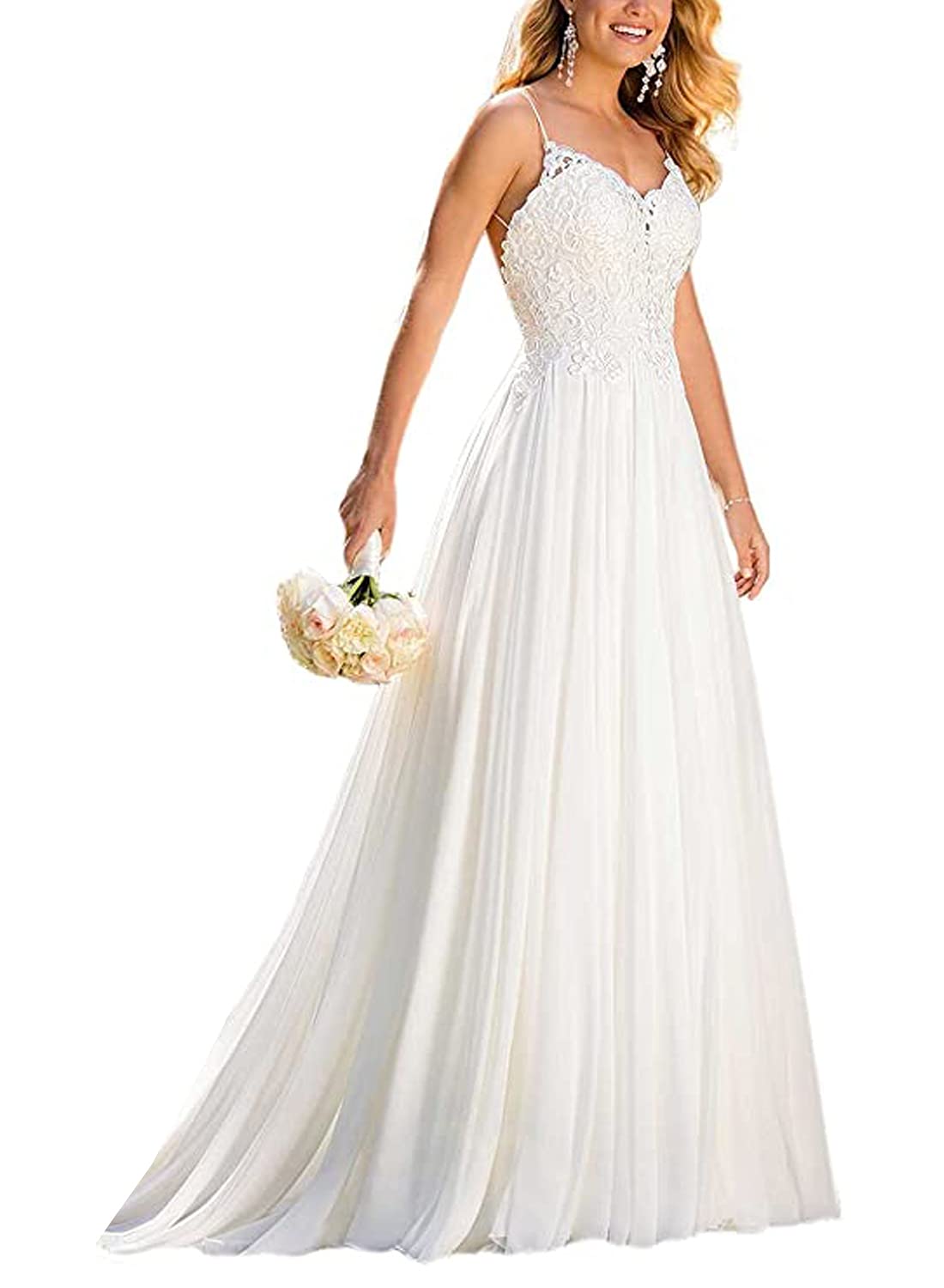 Elegantes Chiffon-Brautkleid mit Spaghettiträgern und Spitze, langes Abendkleid, Elfenbein, Größe 40/46