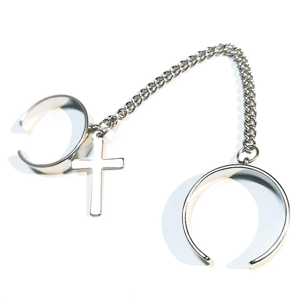 JemantRing for Men Women with Chain Cross Charm Design Adjustable Stainless Steel Trendy Punk Goth Gothic Emo Vintage Stylish Cool 2 Pcs Half Open Ring for Teens Eboys Egirls Bro