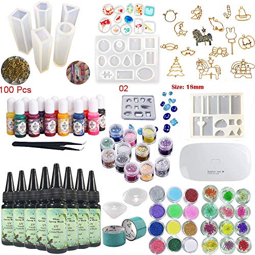 8X UV Resin Crystal Clear Epoxy Fast Drying 10 Molds 17 Bezels 13 Solid Color Liquid Dyes Pigment 36 Holographic Sequins Dried Flowers Decoration with Portable UV Lamp Jewelry Crafts Making Kit