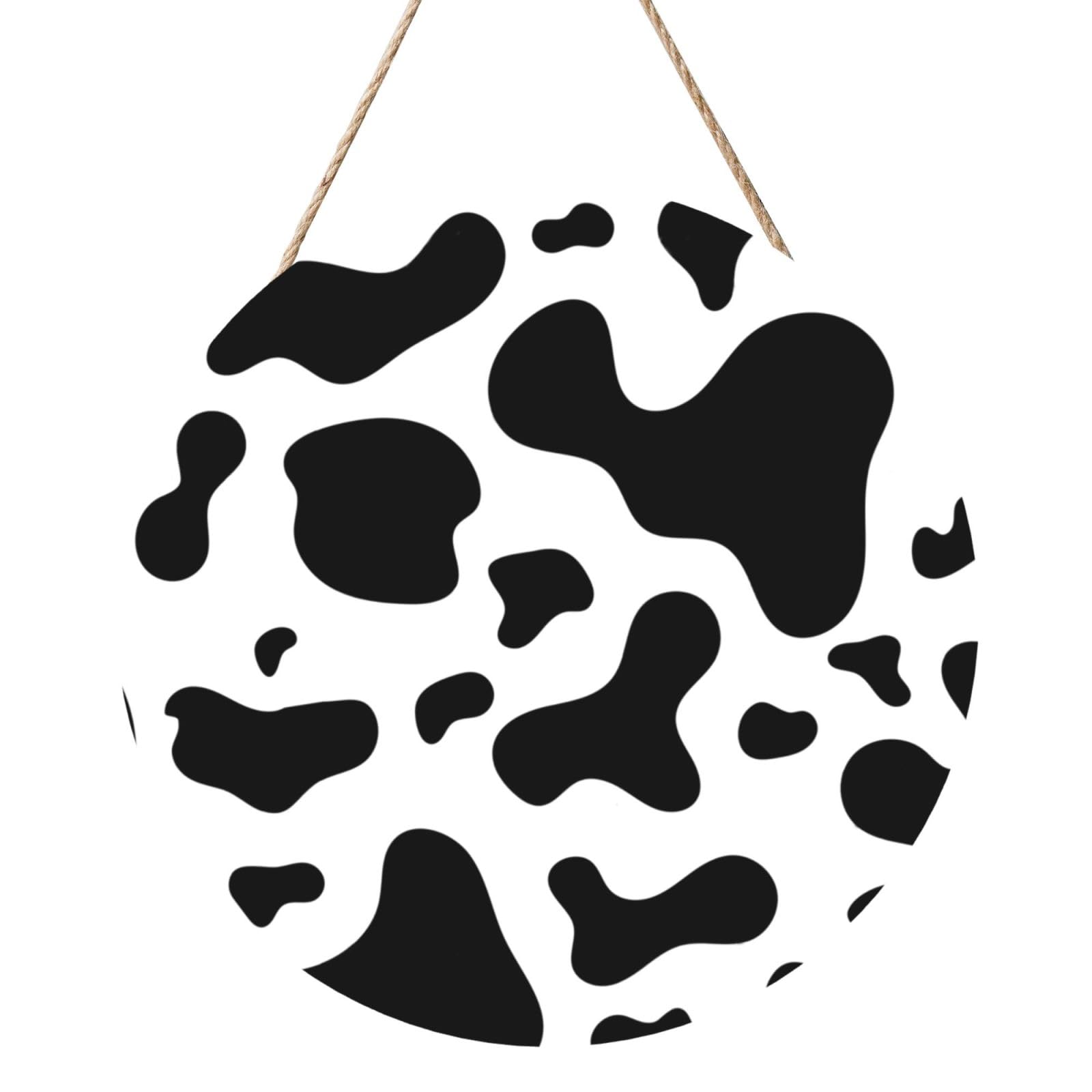 InOmak Black And White Cow Skin, Round Wood Panel Painting 12 in, Wall Hanging Painting For Home