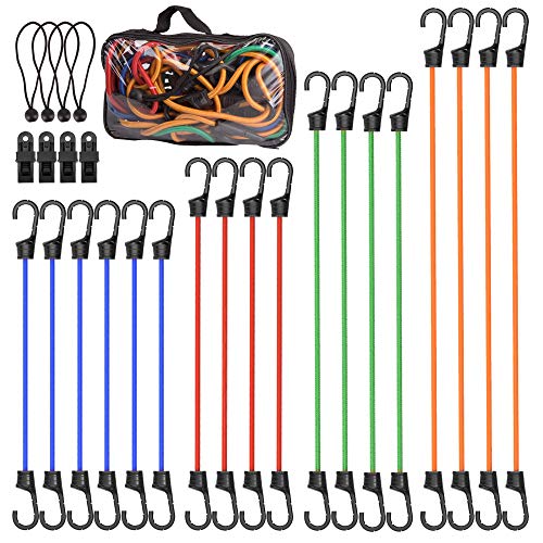 Bungee Cords, XOOL Bungee Cords with Hooks 26pc Heavy Duty Assortment with 4 Free Tarp Clips, Drawstring Organizer Bag, Canopy Ties & Ball Bungees