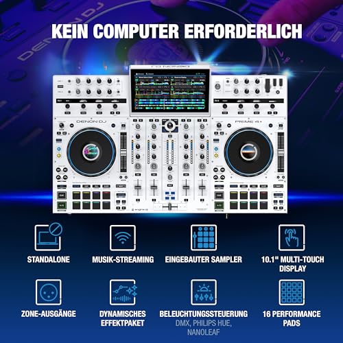 Denon DJ PRIME 4+ WHITE DJ-Controller mit Stem-Trennung auf 4 Decks, WLAN-Streaming, Drop Sampler Mixer, 10.1-Zoll Touchscreen, Beleuchtungssteuerung, Weiß