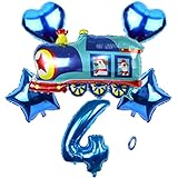 trenes gigantes Decoración de cumpleaños azul para fiestas: 1 globo gigante con números azules (aprox. 70 cm), 1 globo de aluminio XL de tren (aprox. 80 x 65 cm), 2 globos de corazón de 45 cm (aprox. 45 cm), 2 globos de 18 pulgadas (aprox. 45 cm).